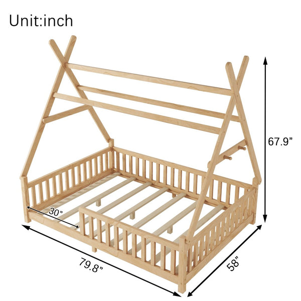 English Elm Twin Montessori Floor Bed House Frame with Led Lighting and Safety Rails for Kids Natural W2593P440591