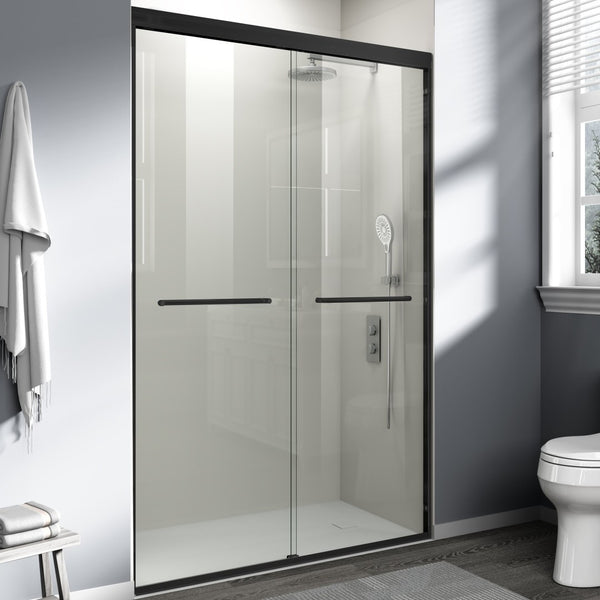 English Elm 44" Semi-frameless Double Sliding Shower Door Brushed Gold Tempered Glass Walk-in Matte Black W1920P385318
