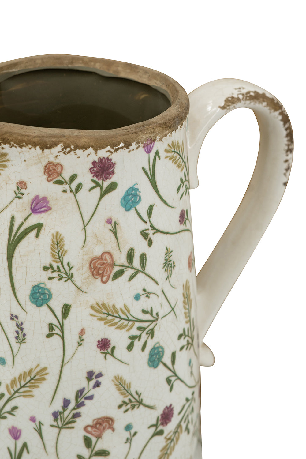 English Elm 8.1x5.7x9.1" Round Ceramic Pitcher Vase with Weathered White Finish, Rustic Rim & Colorful Floral Accents for Tabletop Decor W2078P405369