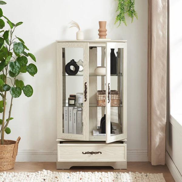 English Elm Lighted Glass Curio Cabinet - Elegant 2-Door Display With Adjustable Shelves & Integrated Lighting, White Finish W1758P300115