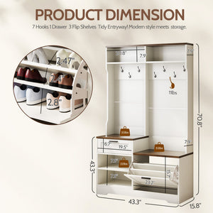 English Elm Hall Tree Entryway Organizer with Bench Seat Shoe Cabinet and Coat Hooks Mdf Farmhouse White+Walnut T5618P448218
