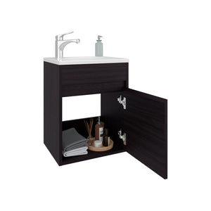 English Elm Furman Compact Floating Bathroom Vanity with Single Door & Open Shelf, Black MDF, Space-Saving Design B200P335305