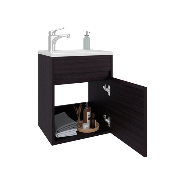 English Elm Furman Compact Floating Bathroom Vanity with Single Door & Open Shelf, Black MDF, Space-Saving Design B200P335305