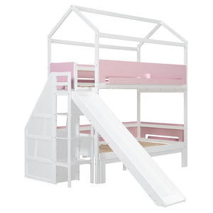 English Elm House-shaped Pine Bunk Bed with Built-in Slide Storage Staircase Twin Over Full Kids Frame White+Pink N820S00082K