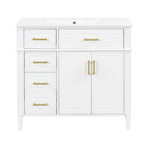 English Elm 36 Inch Freestanding Bathroom Vanity Sage Pine Cabinet Gold Hardware Ceramic Sink White N725P366466K