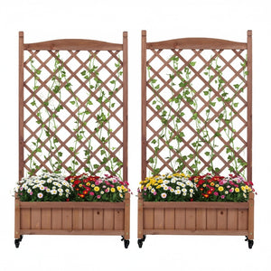 English Elm Raised Wood Planter Boxes with Integrated Trellis for Climbing Vines Set of Two D720094446