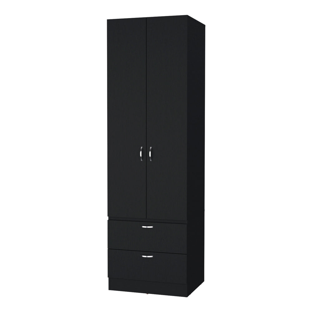 English Elm Tall Mayer Wardrobe Melamine 2 Doors 2 Drawers Black – Durable Bedroom Storage with Hanging Rod, Space-Saving Organizing Solution B128P203059