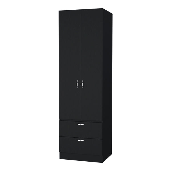 English Elm Tall Mayer Wardrobe Melamine 2 Doors 2 Drawers Black – Durable Bedroom Storage with Hanging Rod, Space-Saving Organizing Solution B128P203059