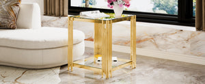 English Elm Modern Round Mirrored Glass End Table with Gold Metal Frame and Lower Display Shelf Transparent N735P380093K
