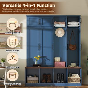 English Elm [Assembly Farmhouse Hall Tree with Walnut Bench & 8 Cabinets, 4 Hooks, Shoe Storage and Anti-Tip Design Blue N721P286082C