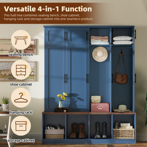English Elm [Assembly Farmhouse Hall Tree with Walnut Bench & 8 Cabinets, 4 Hooks, Shoe Storage and Anti-Tip Design Blue N721P286082C