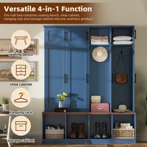 English Elm Farmhouse Hall Tree with Triple Arch Back Panel Eight Hooks Drawers and Entryway Bench Blue N721S000059C-1