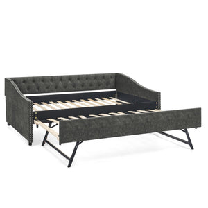 English Elm Full Size Upholstered Daybed with Trundle Usb Ports Tufted Back Wave Arms W1413S00159