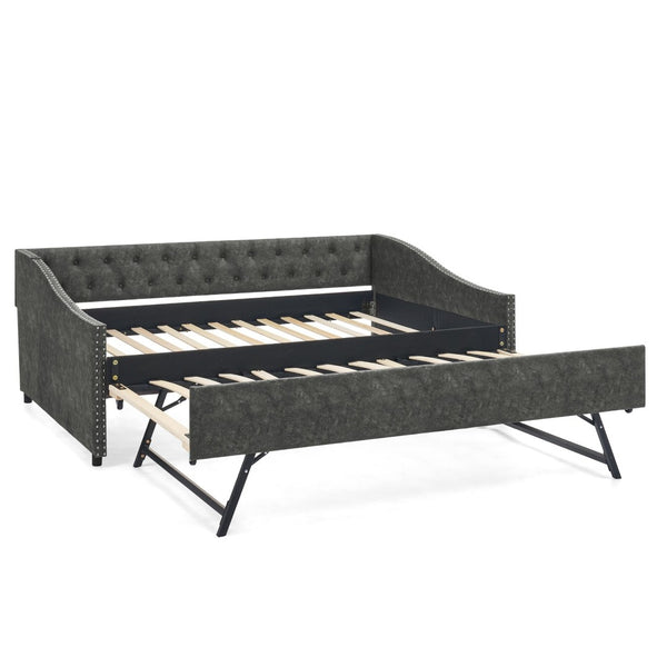 English Elm Full Size Upholstered Daybed with Trundle Usb Ports Tufted Back Wave Arms W1413S00159