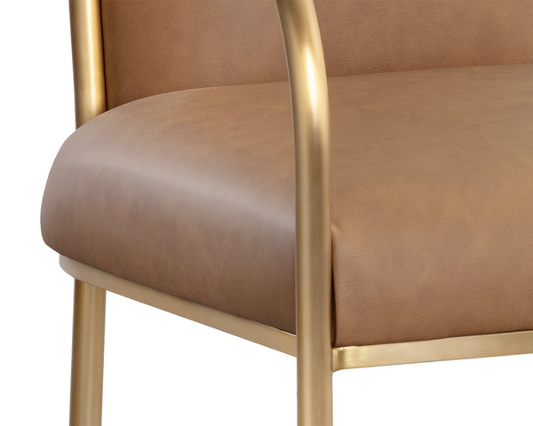 Sunpan Cicero Dining Armchair - Elegant Milliken Cognac Faux Leather & Gold Stainless Steel Accent Piece