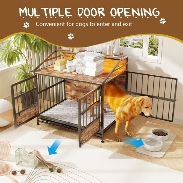 English Elm Multi-function Wooden Dog Crate with Rgb Led Storage Console for Large Breeds W840P291740