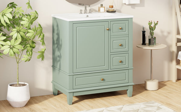English Elm Christopher Knight Home® - 30" Freestanding Bathroom Vanity with Ceramic Sink, Soft-Close Door, Gold Knobs & 3 Drawers, Durable Painted Finish Light Green N759P225994G