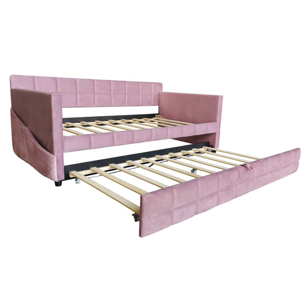 English Elm Modern Velvet Twin Daybed with Pull Out Trundle and Built in Armrest Storage Pockets Pink SF000200AAH