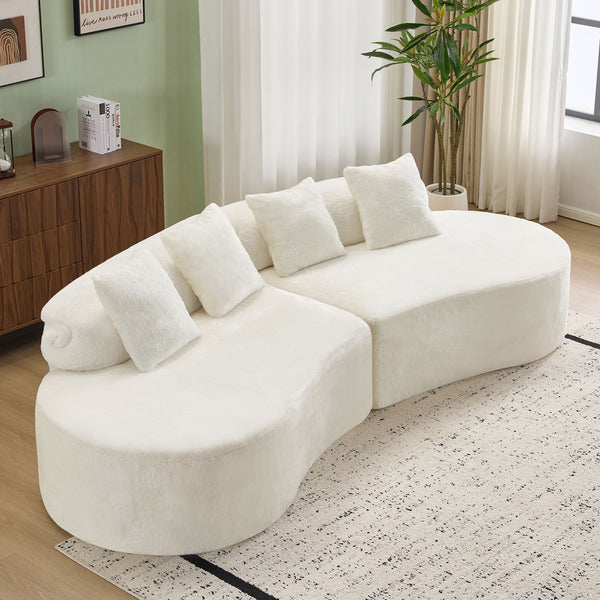 English Elm white plush curved multi-seater sofa with pillows — Nordic skin-friendly fabric, space-saving design W3612S00008