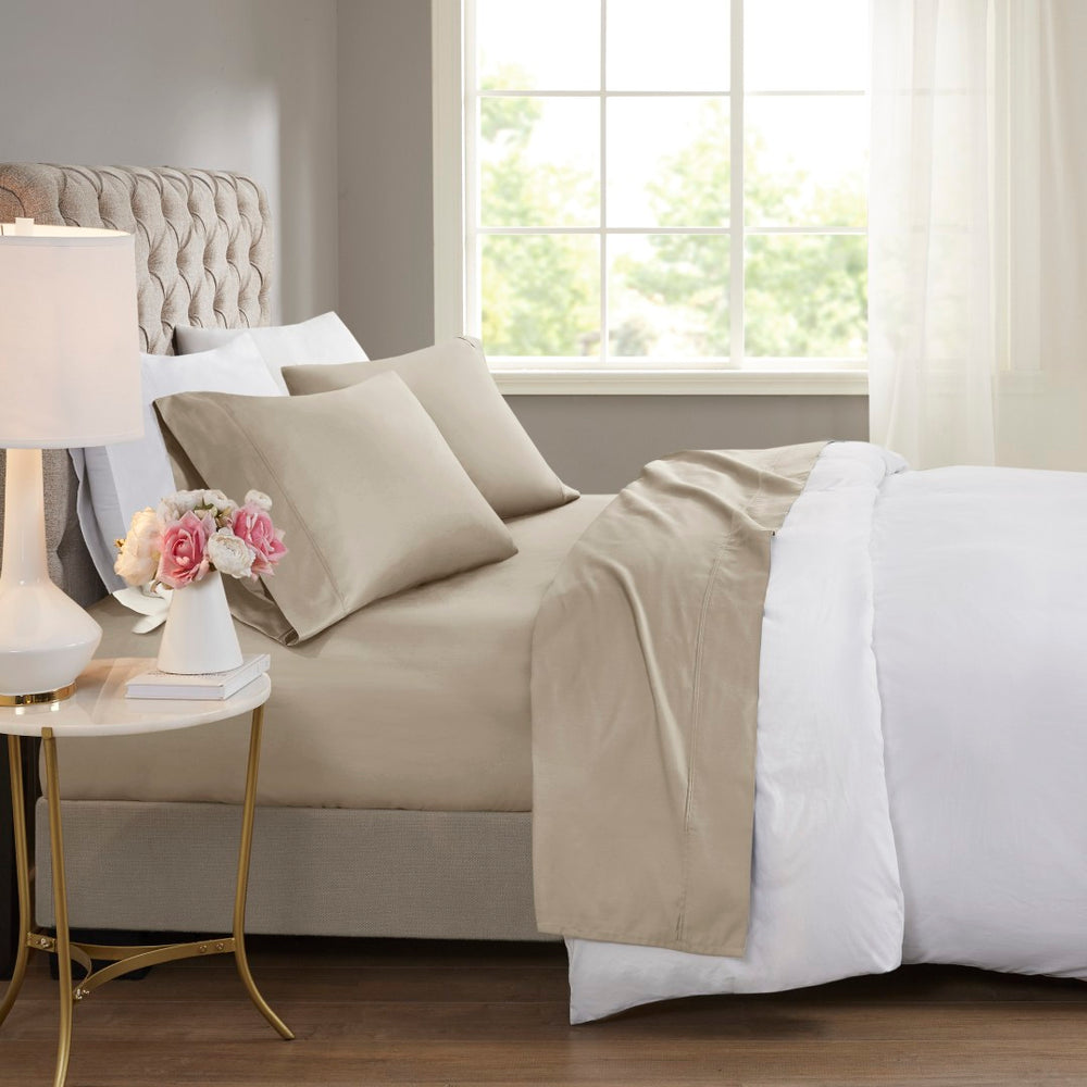 English Elm 4-piece Queen Sateen Cotton Blend Sheet Set for Cool Breathable Sleep Year Round Khaki B035P437446