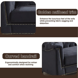 English Elm {video] Chesterfield Two-seater Velvet Sofa with Nailhead Trim and Tufted Gold Leg Luxury Black+Blue W1926S00094