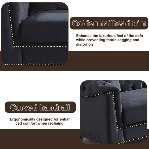 English Elm {video] Chesterfield Two-seater Velvet Sofa with Nailhead Trim and Tufted Gold Leg Luxury Black+Blue W1926S00094