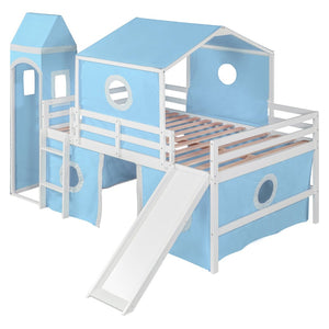 English Elm Full Size Castle Loft Bed with Slide Pink Tent Tower Pinewood Kids Play Frame LT000771AAC-1