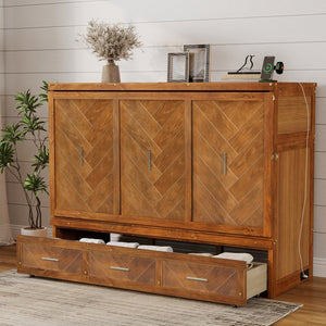 English Elm Queen Murphy Cabinet Bed Pine Wood Geometric Panels Usb Charging Guest Room Storage W504S00303