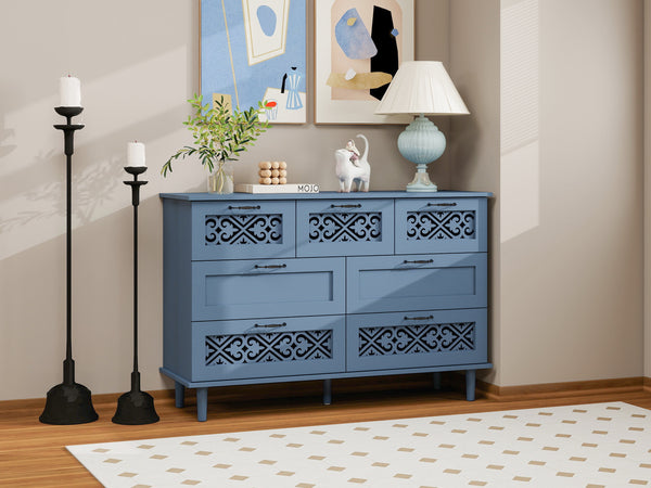 English Elm 7 Drawer Cabinet with Carved Drawer Panels, Smooth Slides & Solid Wood Feet, Stylish 53.35x18.31x8.67 W688124208