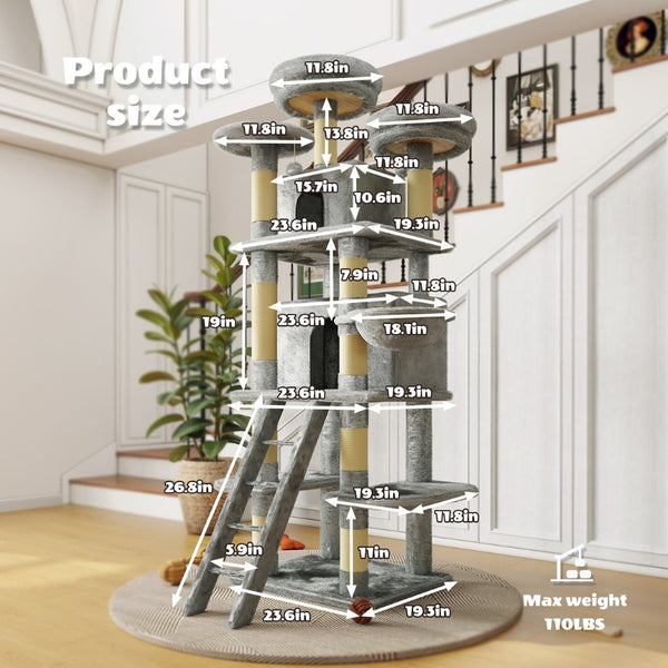 English Elm Large 7 Tier Plush Cat Tree with Dual Condos Hammock Sisal Posts for Multi Cat Homes Gray W1578P447623