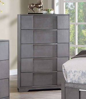 English Elm Gray 5-Drawer Contemporary Chest 33"W x 51"H – Recessed Nickel Finger Pulls, Felt-Lined Top Drawer, Ball-Bearing Glides B2741P369383