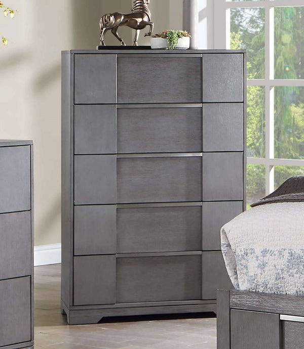 English Elm Gray 5-Drawer Contemporary Chest 33"W x 51"H – Recessed Nickel Finger Pulls, Felt-Lined Top Drawer, Ball-Bearing Glides B2741P369383