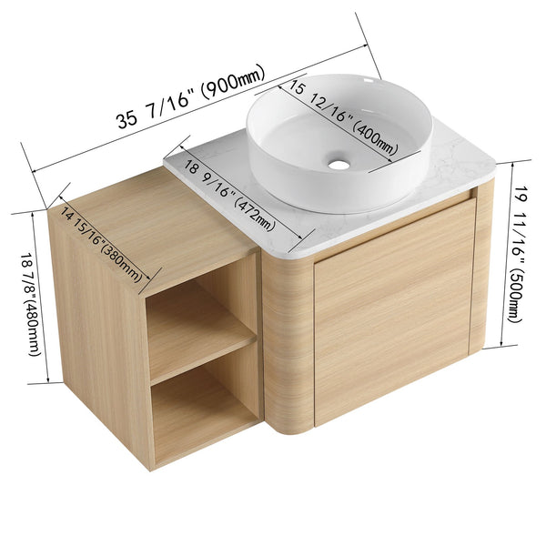 English Elm 36'' Wall-Mounted Bathroom Vanity With Stylish Ceramic Sink, Soft-Close Door, And Smart Storage Solutions W999S00467
