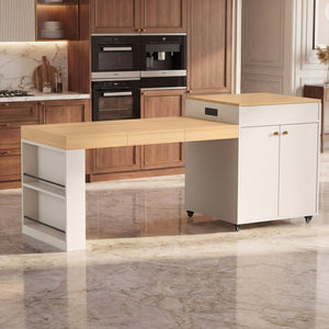 English Elm 78.8'' Fluted Rolling Kitchen Island with Extendable Dining Surface Built-in Power Mdf White B2764S00001