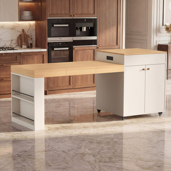 English Elm 78.8'' Fluted Rolling Kitchen Island with Extendable Dining Surface Built-in Power Mdf White B2764S00001