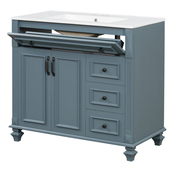 English Elm 36" Modern Bathroom Vanity with Ceramic Sink, Gold Handles, Flip-Out Drawer & Soft-Close Doors Blue Gray N725P283623C