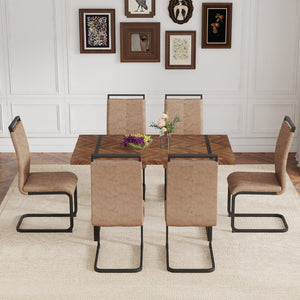 English Elm Table And Chair Set - Retro Rectangular Dining Table With Fishbone Mdf Top & 6 Stylish Brown Chairs W1151S03141-GIGA