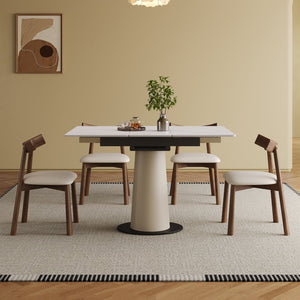 English Elm Retractable Rock Slab Dining Set with Leather Wrapped Base for Compact Apartments W2700S00103