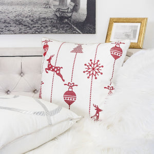 English Elm White Christmas Throw Pillow 20X20 - Elegant Red Embroidered Reindeer & Snowflakes For Festive Cheer B357P361376-GIGA