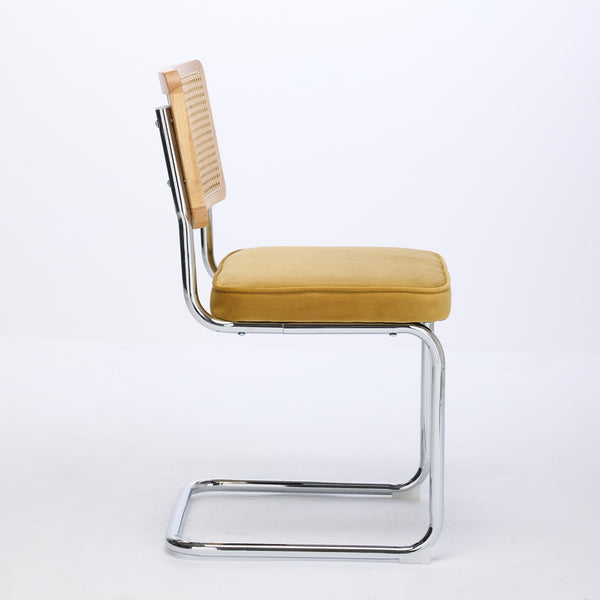 English Elm Mid Velvet Mid Century Dining Chair with Rattan Back, Solid Wood Frame, Plush Velvet, 360lb Capacity Gold W1143P168323