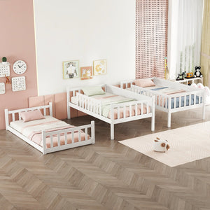 English Elm Twin Triple Rubberwood Bunk Bed with Ladders & Guardrails, Space-Saving Modular Design for Families White W504S00171