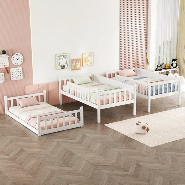 English Elm Twin Triple Rubberwood Bunk Bed with Ladders & Guardrails, Space-Saving Modular Design for Families White W504S00171