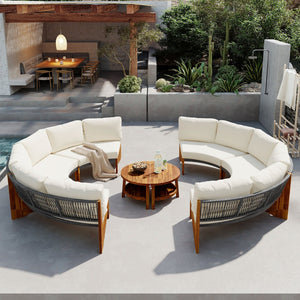 English Elm U_style Circular Patio Sofa Set Pp Rope Woven Steel Frame Acacia Wood Resort Lounge Beige WY000468AAA