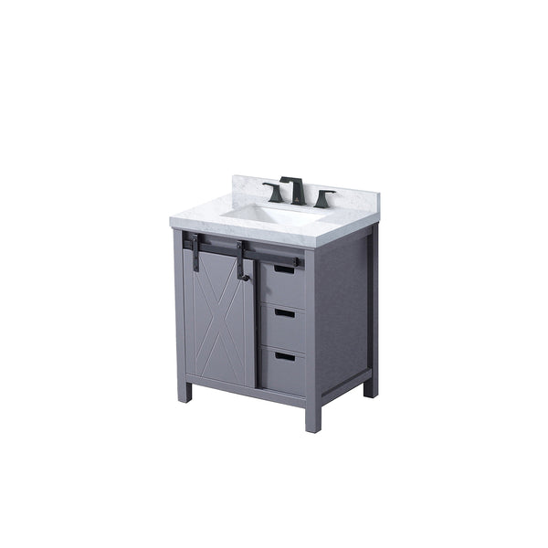 English Elm Dark Grey 30" Bath Vanity with Carrara Marble Top, Soft-Close Drawers, Matte Black Faucet Set B2731P260102