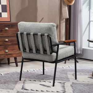 English Elm Modern Accent Chair with Natural Wood Arms, Black Metal Frame, Plush High-Rebound Cushion Comfort Grey W2215P248473