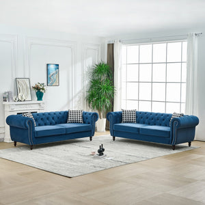 English Elm 3 Seater Chesterfield Velvet Sofa Tufted Roll Arms Brass Nailhead Mid Century Style Blue W3373S00071