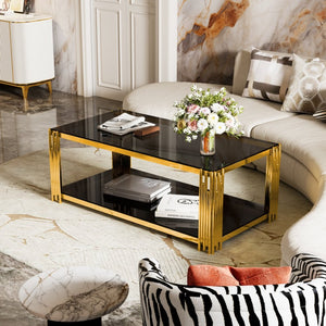 English Elm Modern Glam Rectangular Coffee Table with Mirrored Top Gold Sculptural Frame Open Shelf Black N735P380099B