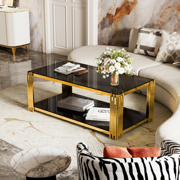 English Elm Modern Glam Rectangular Coffee Table with Mirrored Top Gold Sculptural Frame Open Shelf Black N735P380099B