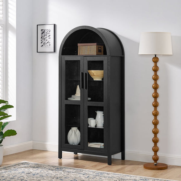 English Elm A high arched storage cabinet with lamp and adjustable glass shelves, modern retro MDF poplar display cabinet with LED accent lighting for kitchen and living room storage elegance Black W487P358610