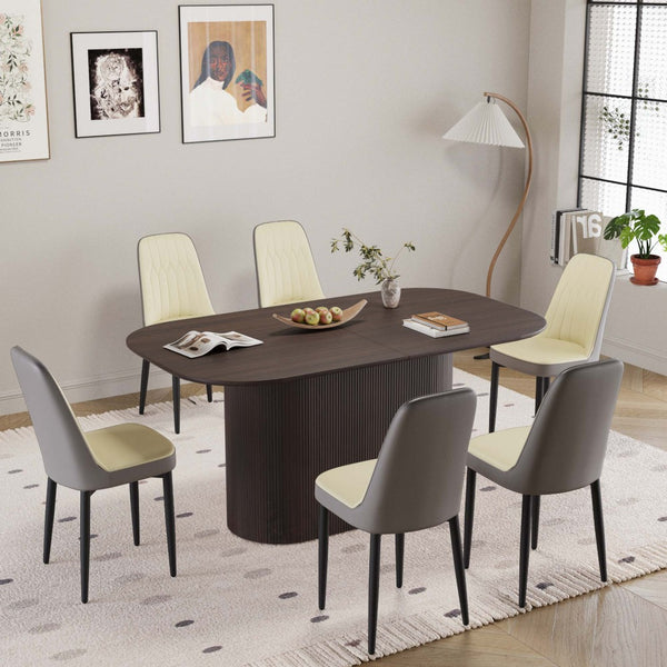 English Elm 63 Inch Mdf Dining Table Set with Six Pu Upholstered Chairs and Black Metal Legs Beige+Brown,Grey W2189S00864
